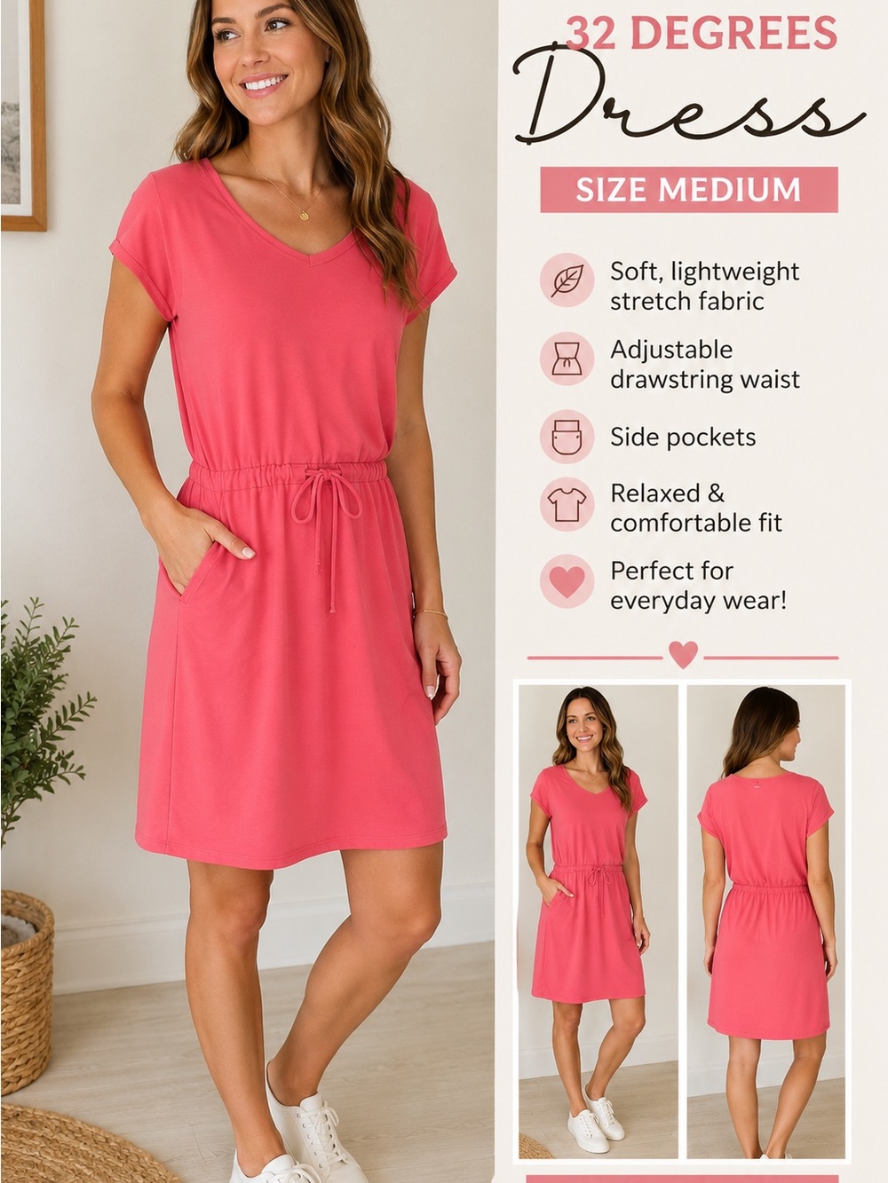 32 Degrees Coral Drawstring Midi Dress